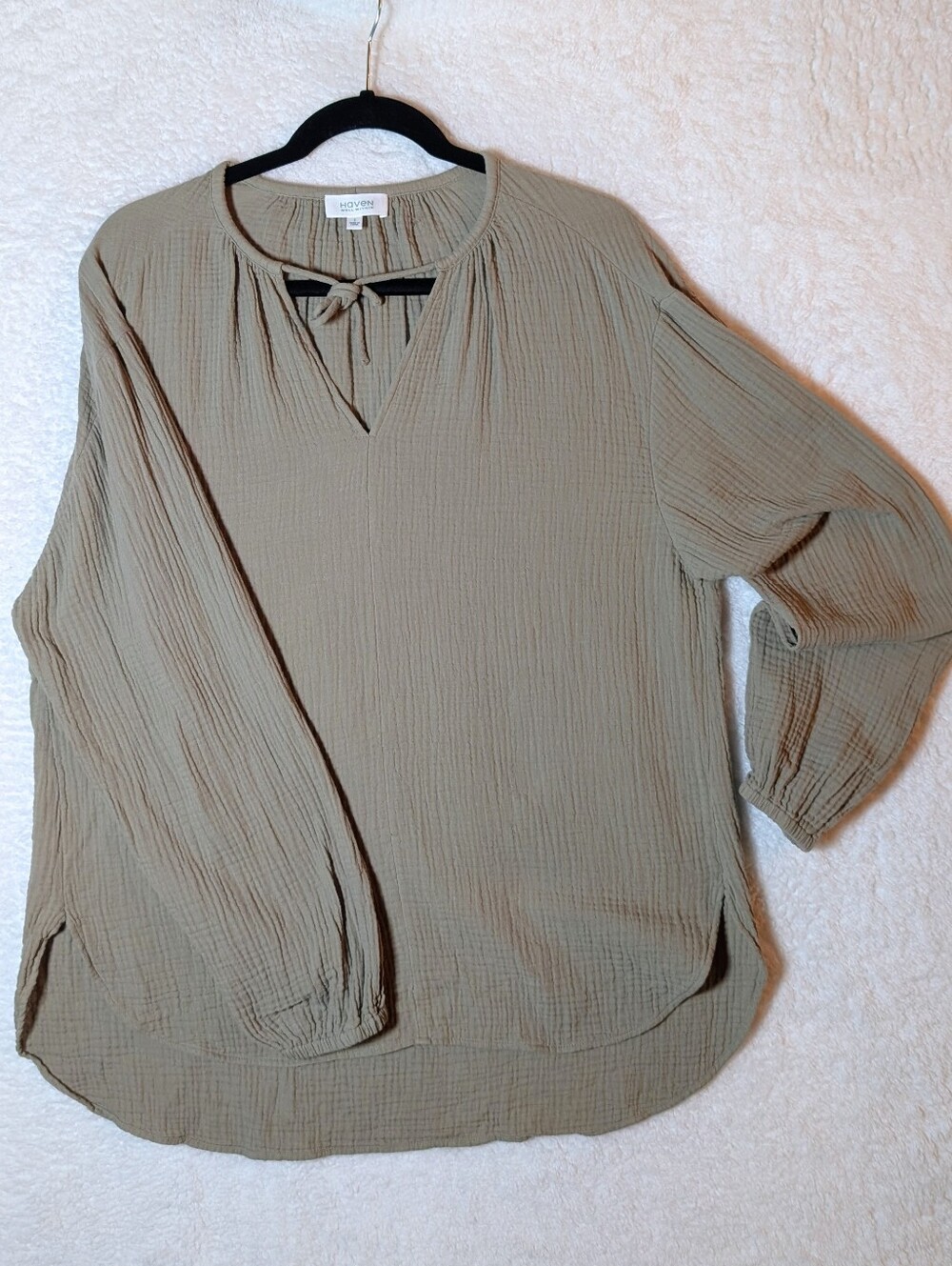 188-Haven‎ Olive Taupe Gaze Tie-Neck Blouse - Lightweight Long Sleeve